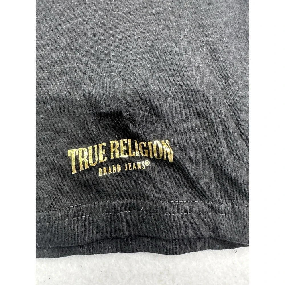 True Religion Black T-Shirt Men's Large Gold Logo Graphic Tee Cotton Crewneck